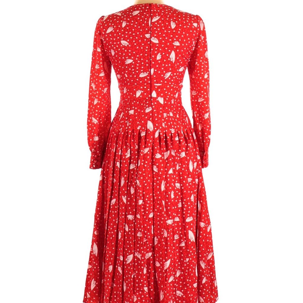 Vintage Style 80s Does 50s Dress Shirtwaist Red Polka Dot Zip Back Puff Sleeve - Picture 2 of 12
